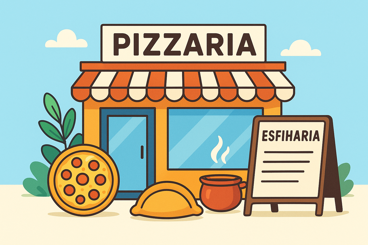 Ilustração de pizzaria e esfiharia em Mongaguá